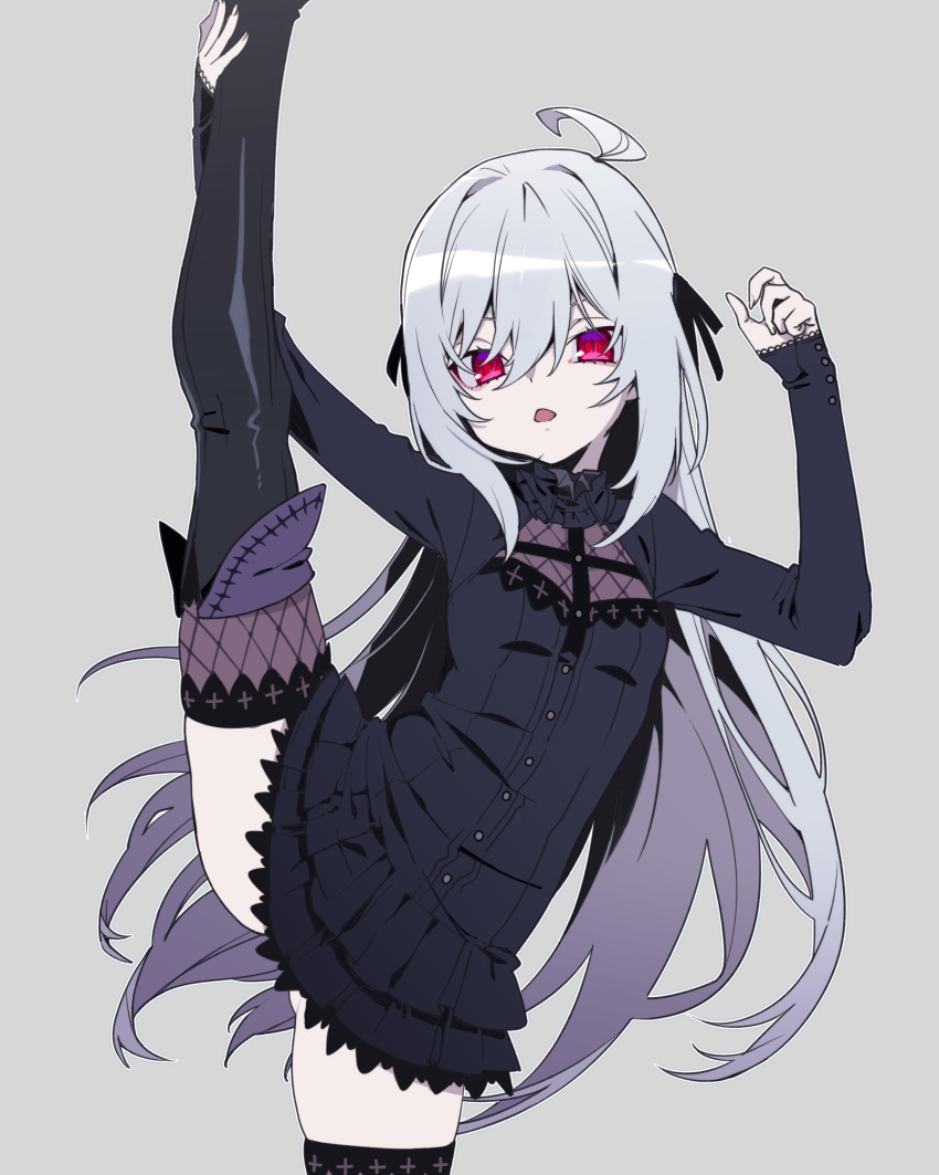 1girl, absurdres, ahoge, arm_up, bat_ornament, black_boots, black_ribbon, black_thighhighs, boots, cross, fingernails, fishnet_thighhighs, fishnets, grey_background, grey_hair, hair_between_eyes, hair_ribbon, highres, leg_lift, loli, long_hair, long_sleeves, looking_at_viewer, open_mouth, original, red_eyes, ribbon, simple_background, sleeves_past_wrists, slit_pupils, solo, split, standing, standing_on_one_leg, standing_split, thigh_boots, thighhighs, vampire, yamanasi_mikage