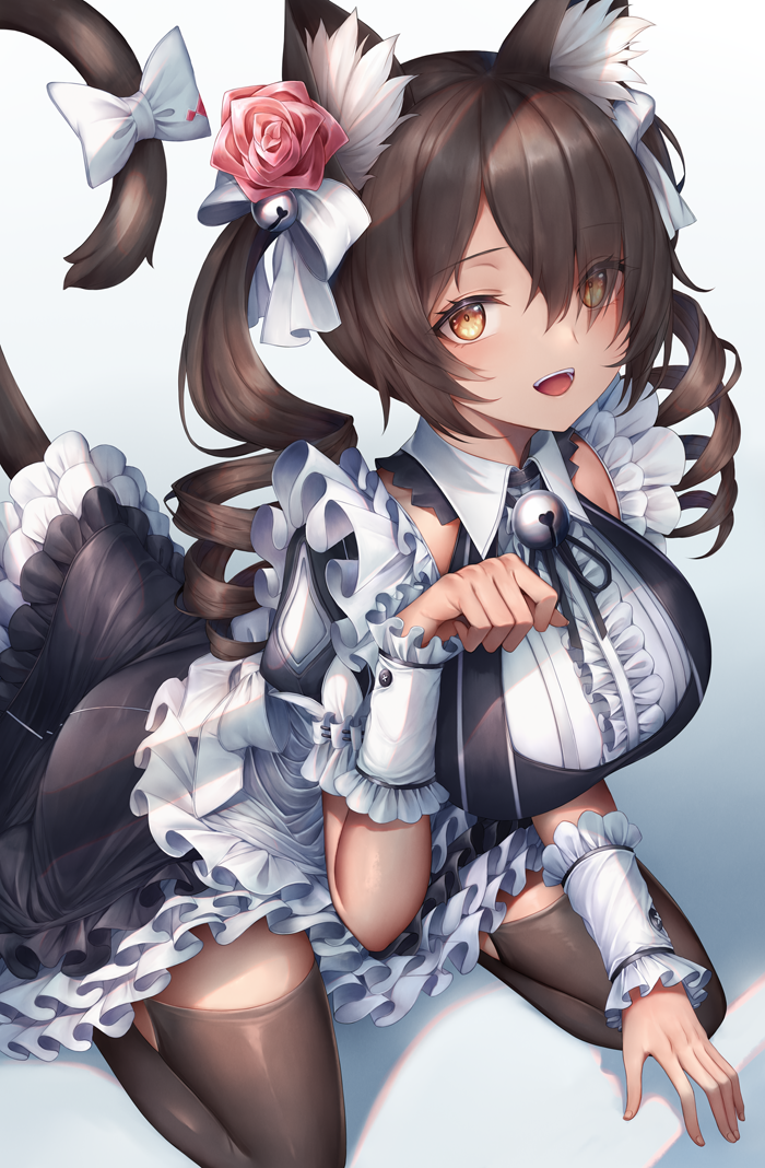 1girl, :d, animal_ear_fluff, apron, bell, blush, bow, breasts, brown_hair, cat_girl, cat_tail, destiny_child, dress, drill_hair, flower, frills, hair_bell, hair_flower, hair_ornament, hair_over_one_eye, hair_ribbon, kneeling, large_breasts, long_hair, looking_at_viewer, maid, maid_apron, maid_headdress, open_mouth, paw_pose, pink_flower, pink_rose, puffy_short_sleeves, puffy_sleeves, ribbon, rose, serket_(destiny_child), short_sleeves, smile, snm_(sunimi), solo, tail, tail_bow, tail_ornament, thighhighs, twin_drills, twintails, wrist_cuffs