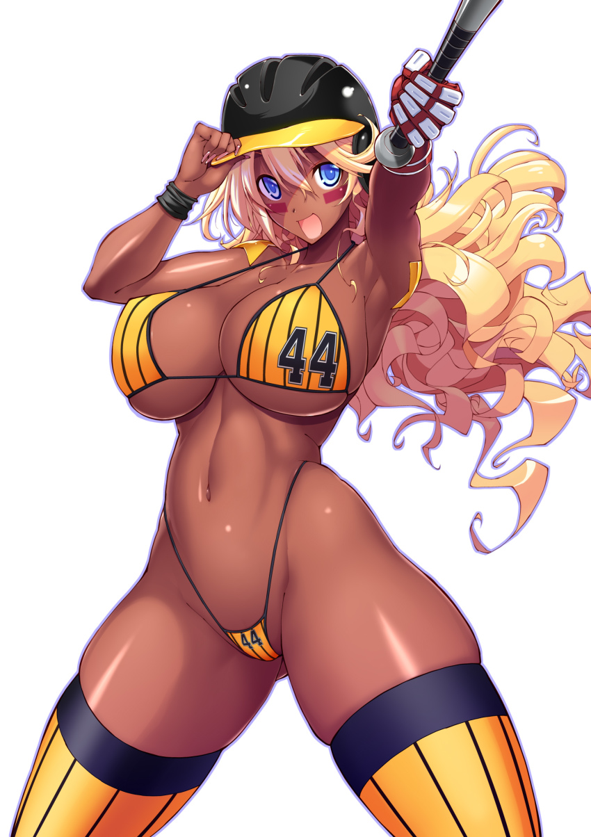 1girl, :d, alternate_skin_color, armpits, baseball_bat, baseball_helmet, bikini, blonde_hair