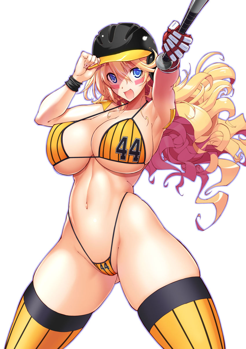 1girl, :d, absurdres, armpits, baseball_bat, baseball_helmet, bikini, blonde_hair