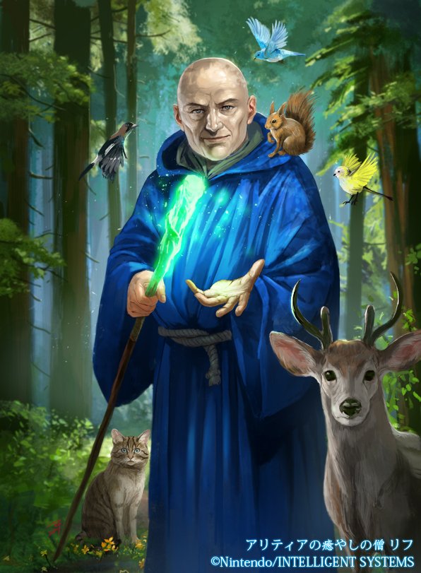 1boy, bald, belt, bird, cat, deer, fire_emblem, fire_emblem:_new_mystery_of_the_emblem