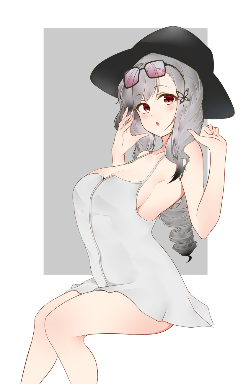 1girl, absurdres, arched_back, ayuko_(mochiayuko), azur_lane, black_headwear, breasts, butterfly_hair_ornament