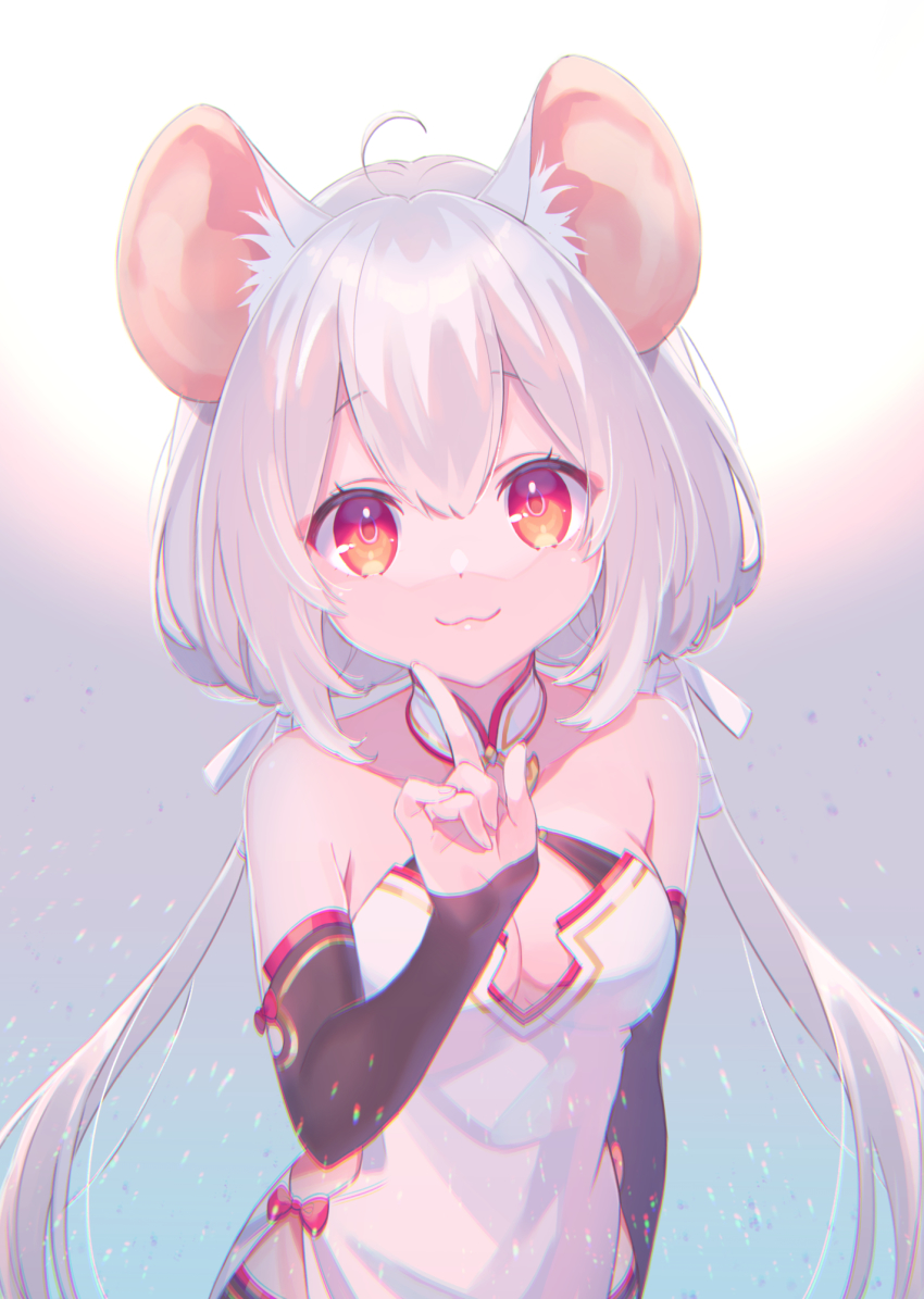 1girl, :3, ahoge, animal_ear_fluff, animal_ears, bare_shoulders, breasts, commentary