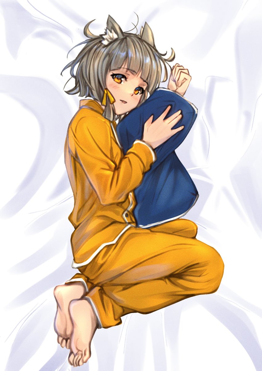 1girl, absurdres, animal_ears, bad_id, bad_twitter_id, barefoot, blunt_bangs, blush, cat_ears, film_grain, highres, long_sleeves, messy_hair, nia_(xenoblade), on_bed, pajamas, parted_lips, poteto_(potetosarada123), short_hair, silver_hair, solo, white_background, xenoblade_chronicles_(series), xenoblade_chronicles_2, yellow_pajamas