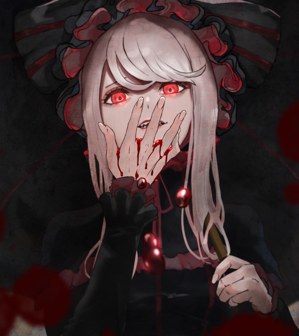 1girl, :d, blood, blood_on_hands, bonnet, glowing, glowing_eyes, goth_fashion, long_hair, neko_no_kedama, open_mouth, overlord_(maruyama), platinum_blonde_hair, red_eyes, red_lips, shalltear_bloodfallen, sharp_teeth, smile, solo, teeth, umbrella