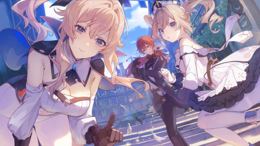 1boy, 2girls, barbara_(genshin_impact), bare_shoulders, bent_over, blue_sky, blush, bow