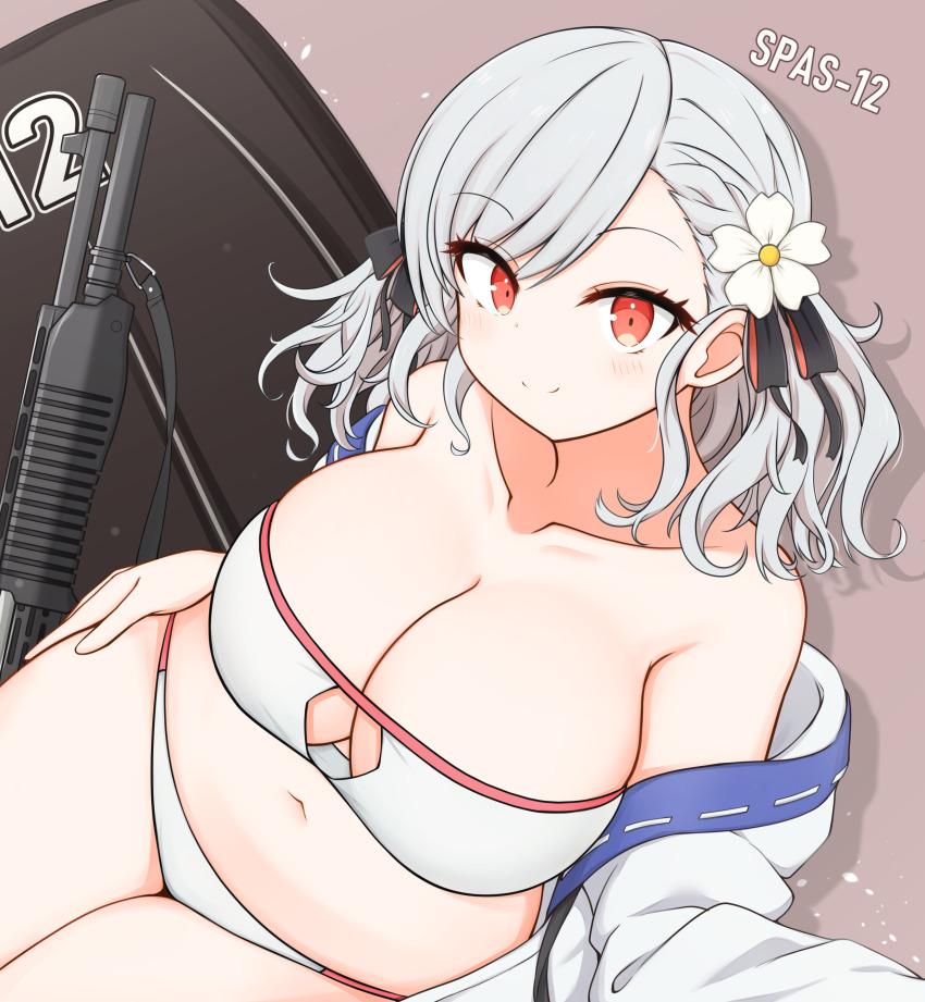 1girl, absurdres, bare_shoulders, bikini, breasts, cleavage, cleavage_cutout, clothing_cutout, collarbone, combat_shotgun, curvy, dual-mode_shotgun, girls'_frontline, grey_hair, gun, highres, large_breasts, looking_at_viewer, navel, office, official_alternate_costume, pump-action_shotgun, pump_action, red_eyes, risshu, semi-automatic_shotgun, shotgun, smile, solo, spas-12, spas-12_(girls'_frontline), spas-12_(midsummer_fruit)_(girls'_frontline), swimsuit, weapon, wide_hips