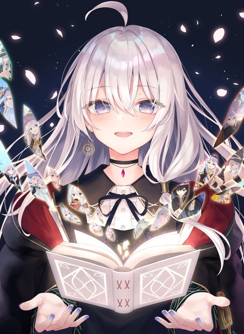 1girl, ahoge, amnesia_(majo_no_tabitabi), azuuru, black_choker, blouse, book, center_frills