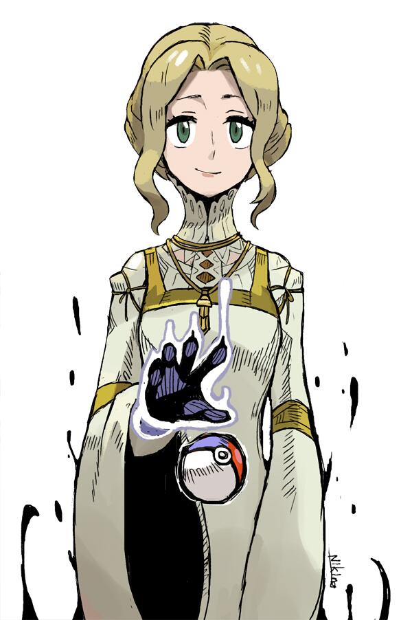 1girl, aura, blonde_hair, closed_mouth, commentary_request, crossover, dark_souls_(series), dark_souls_ii, dress, green_eyes, hair_bun, jewelry, long_sleeves, looking_at_viewer, nashandra, necklace, niking, nintendo, poke_ball, poke_ball_(basic), pokemon, signature, simple_background, single_hair_bun, smile, solo, telekinesis, white_background, white_dress