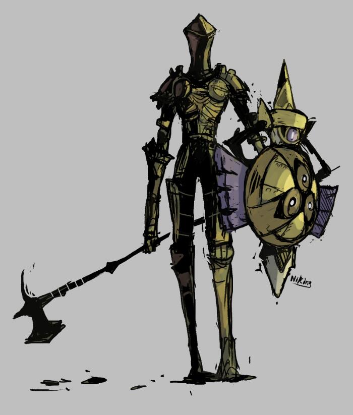 1other, aegislash, armor, axe, commentary_request, crossover, dark_souls_(series), dark_souls_ii, full_armor, gen_6_pokemon, grey_background, holding, holding_axe, holding_shield, holding_weapon, niking, nintendo, pokemon, pokemon_(creature), ruin_sentinel, shield, signature, simple_background, standing, weapon