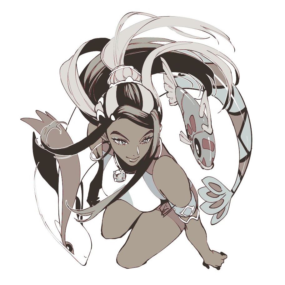 1girl, black_hair, dark-skinned_female, dark_skin, earrings, evolutionary_line, feebas, fish