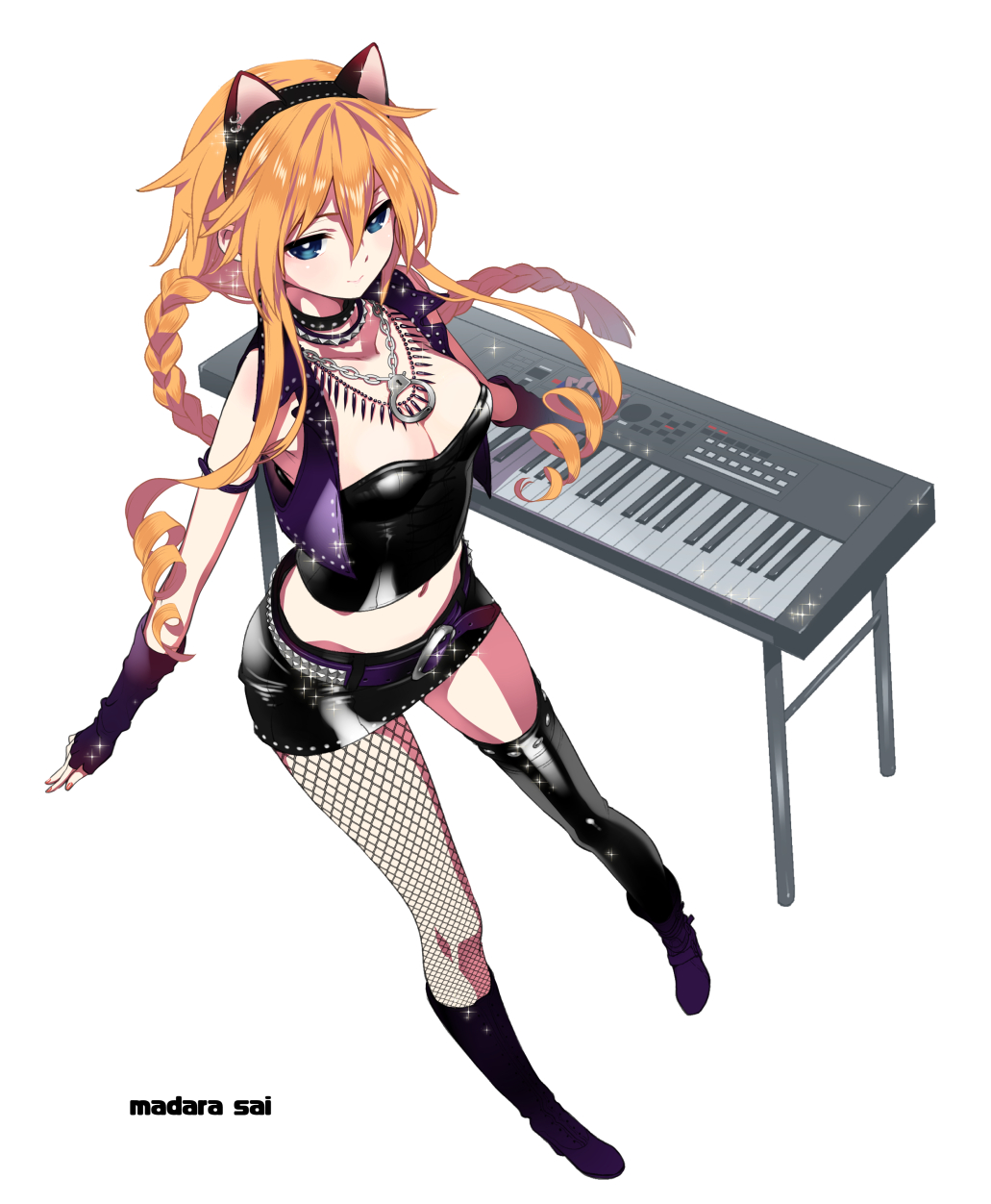 1girl, animal_ears, asymmetrical_footwear, asymmetrical_legwear, black_boots, black_hairband, black_skirt, blonde_hair