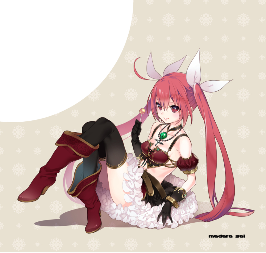 1girl, ahoge, belt, black_gloves, black_thighhighs, boots, bow, bra