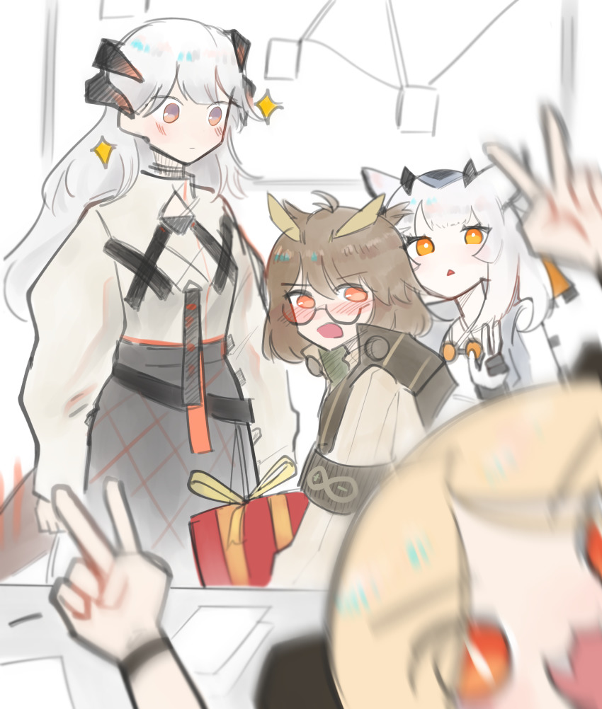 absurdres, arknights, blush, brown_hair, daiishori, dragon_horns, feather_hair, gift