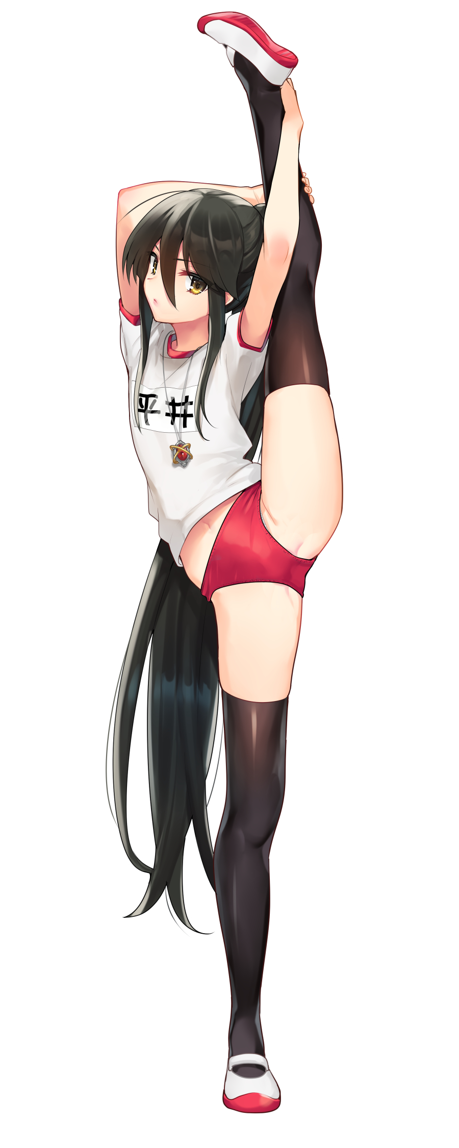 1girl, ahoge, alastor_(shakugan_no_shana), black_hair, black_thighhighs, blush, brown_eyes, buruma, flat_chest, flexible, gym_uniform, hair_between_eyes, highres, jewelry, leg_lift, leg_up, long_hair, looking_at_viewer, ohlia, pendant, shakugan_no_shana, shana, shirt, shoes, simple_background, solo, split, standing, standing_on_one_leg, standing_split, thighhighs, thighs, uwabaki, very_long_hair