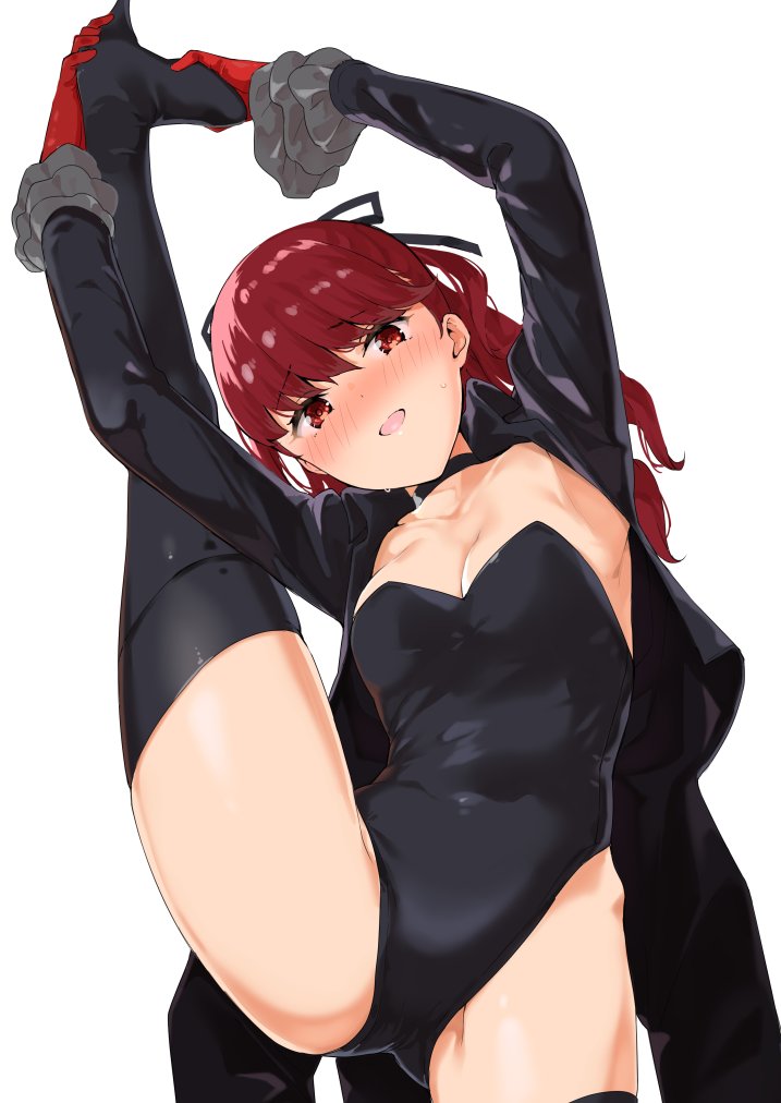 1girl, armpit_peek, black_boots, black_jacket, black_leotard, blush, boots, breasts