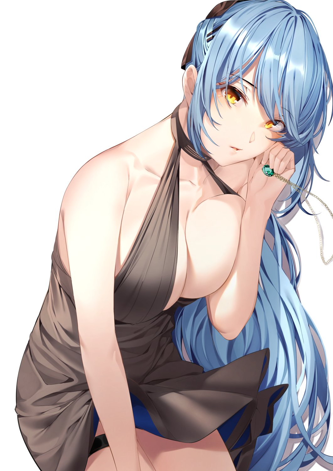 1girl, amagimei, azur_lane, bare_shoulders, black_dress, blue_hair, breast_lift, breasts