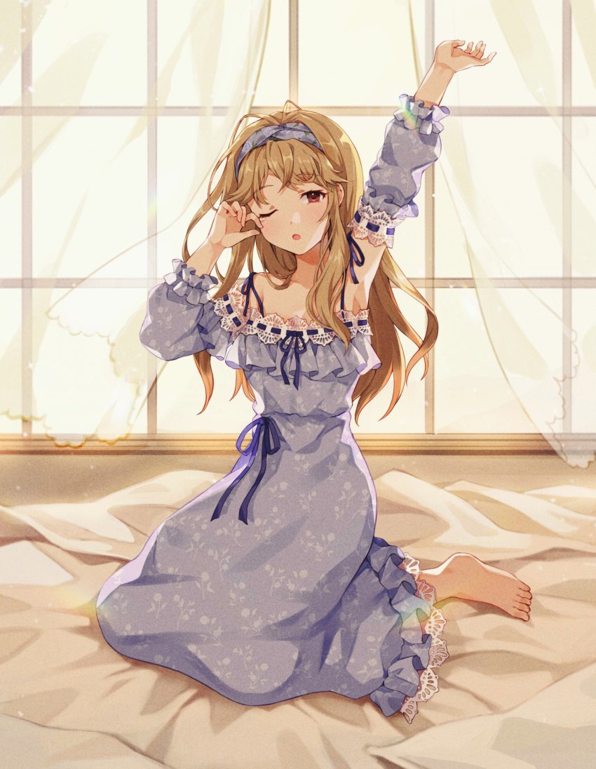 1girl, ;o, alternate_hairstyle, arm_up, armpits, backlighting, barefoot, bed