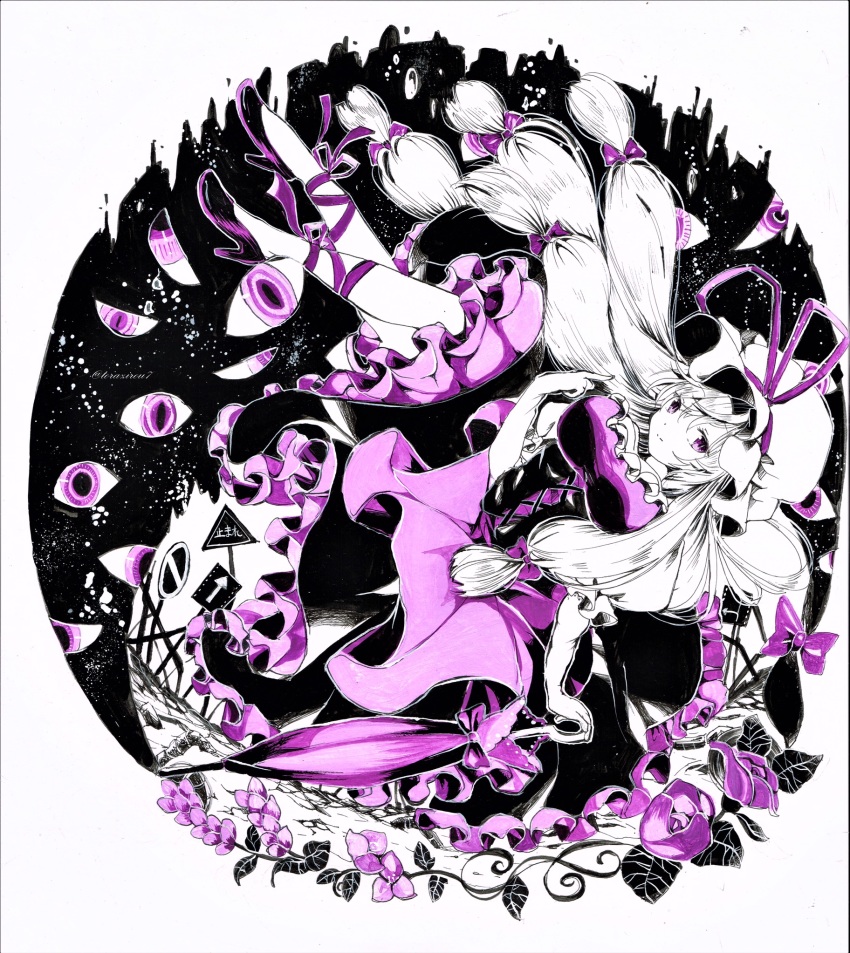 1girl, acrylic_paint_(medium), bow, breasts, cross-laced_clothes, cross-laced_top, dress, elbow_gloves