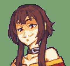1girl, black_choker, brown_hair, choker, commentary, english_commentary, fire_emblem, glaceo, green_background, kono_subarashii_sekai_ni_shukufuku_wo!, looking_down, lowres, megumin, meme, nintendo, parody, pixel_art, red_eyes, smirk, solo, style_parody
