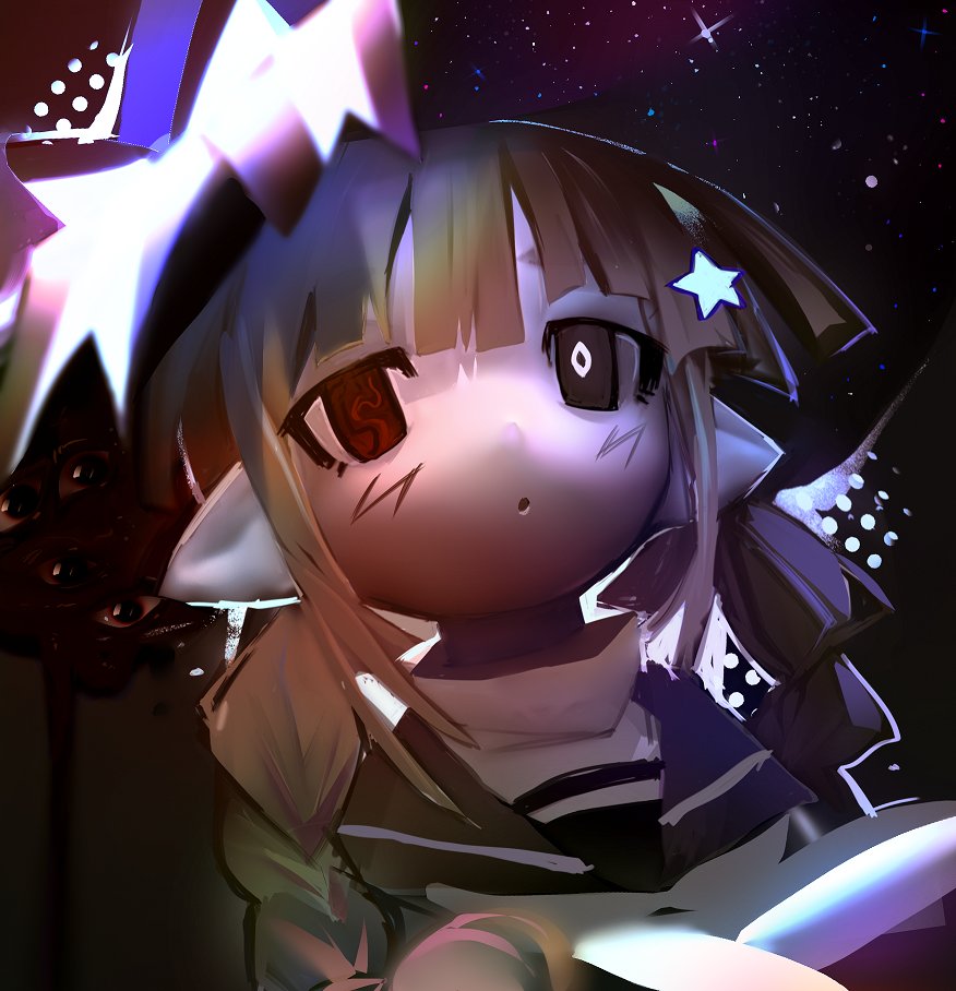 1girl, :o, bad_id, bad_twitter_id, bow, braid, brown_eyes, brown_hair, dress, eye_focus, funamusea, hat, hat_bow, light, oounabara_to_wadanohara, pointy_ears, red_eyes, sailor_dress, sketch, split_theme, star_(sky), star_(symbol), turtleneck, twin_braids, v1v404, wadanohara, wadanohara_(red_sea), white_neckwear, witch_hat