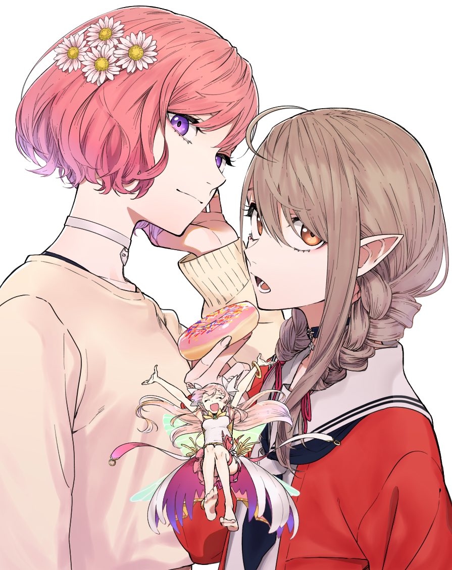 3girls, ahoge, braid, brown_eyes, cardigan, female_focus, flower, hair_flower