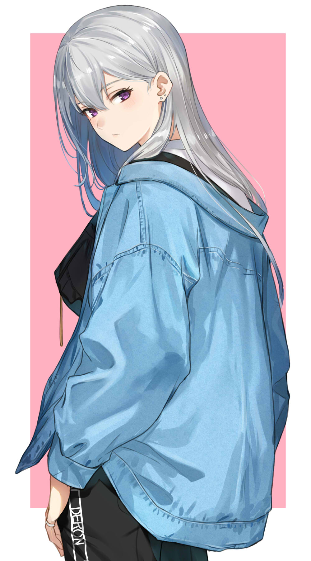 1girl, border, earrings, grey_hair, hair_between_eyes, highres, higuchi_kaede, higuchi_kaede_(spring_casual)