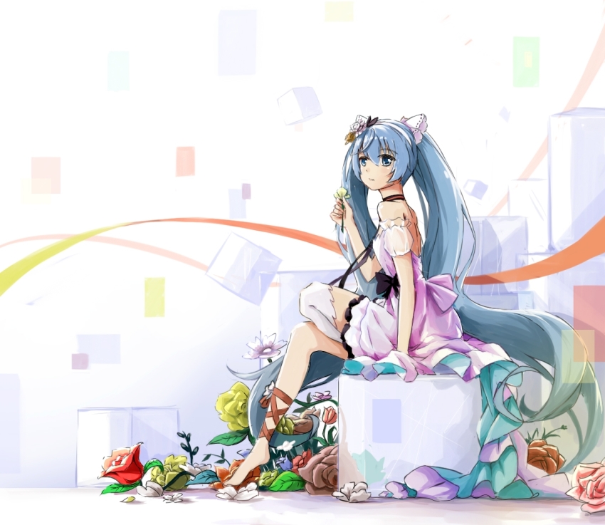 alternate_costume, bare_back, bare_shoulders, blue_eyes, blue_hair, blush, bow, dress