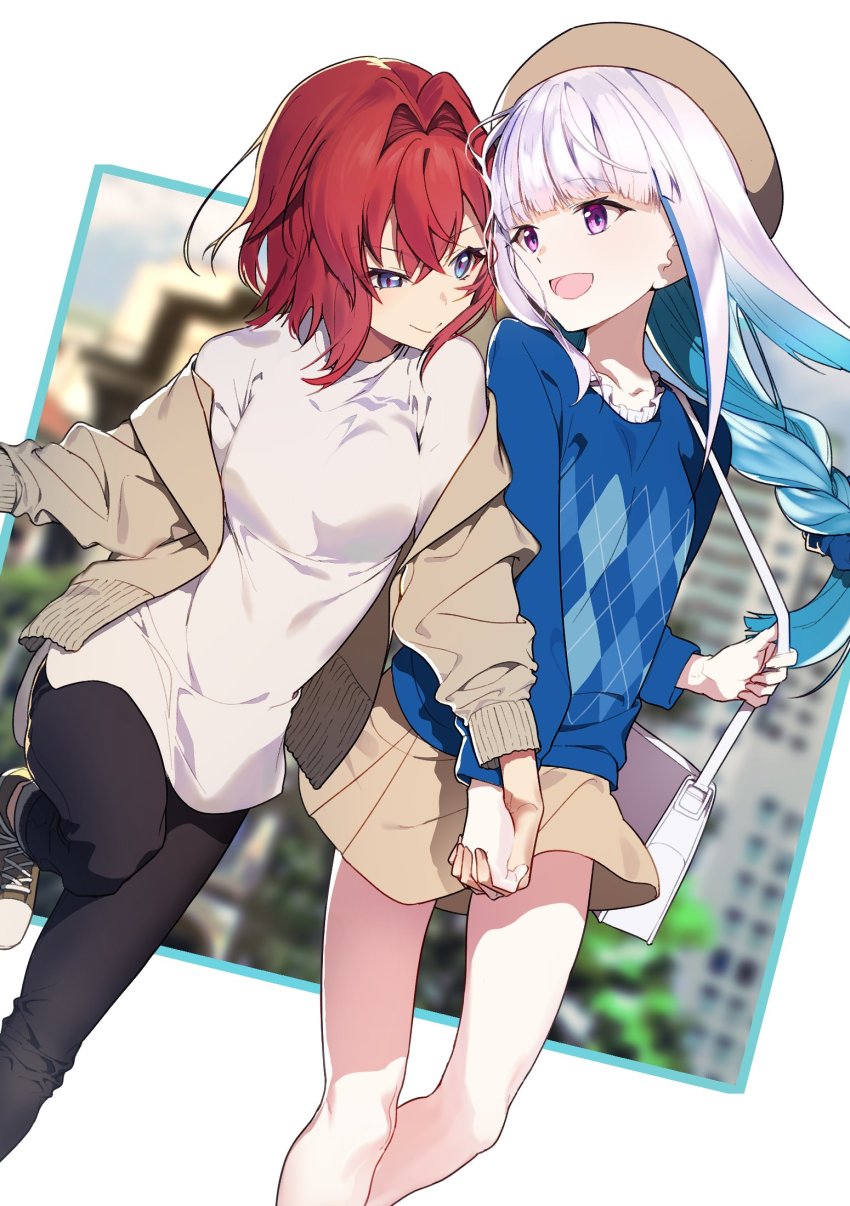 2girls, ange_katrina, argyle_clothes, argyle_sweater, bag, beret, black_pants, blouse