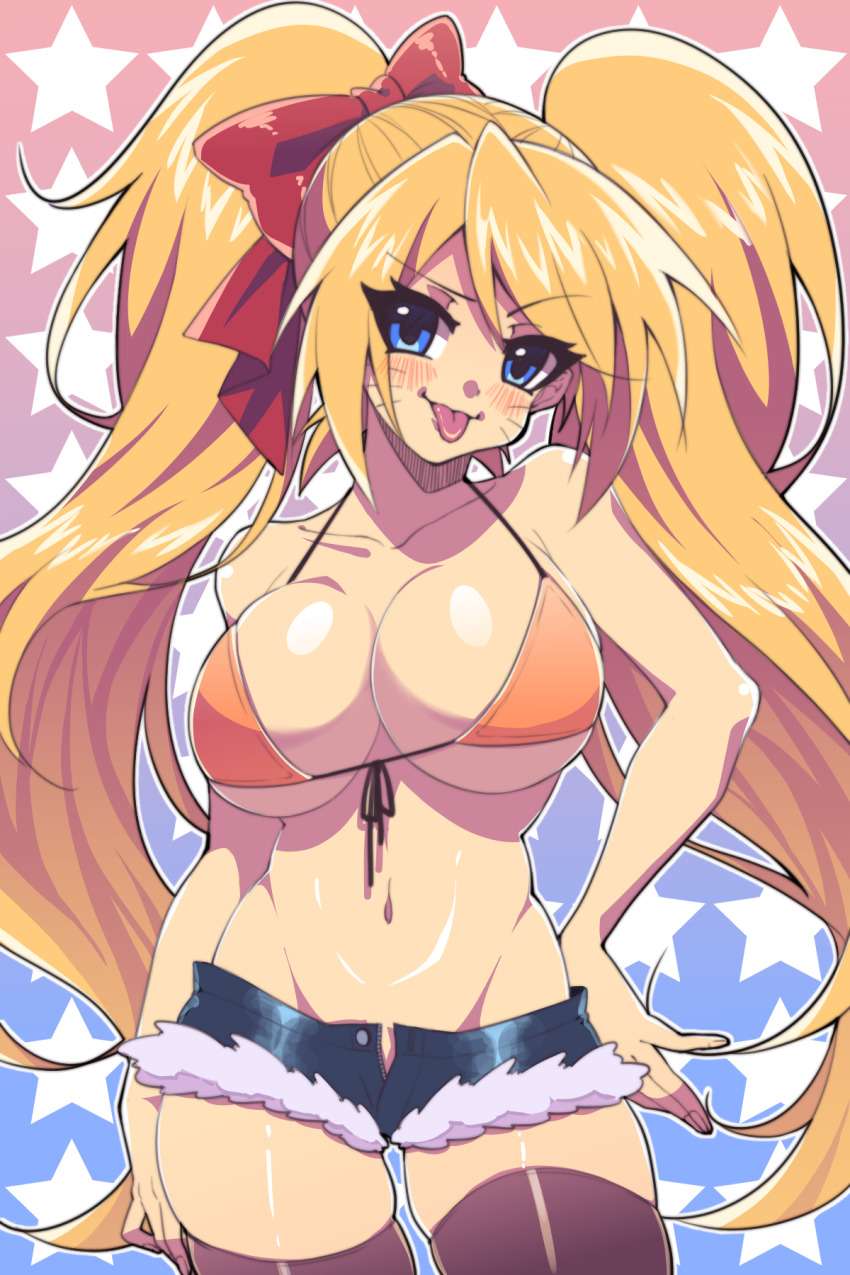 1girl, bare_shoulders, bikini, bikini_top_only, blonde_hair, blue_eyes, blush, breasts, cleavage, collarbone, cowboy_shot, denim, denim_shorts, hair_between_eyes, highres, large_breasts, looking_at_viewer, naruko_(naruto), naruto_(classic), naruto_(series), navel, no_panties, short_shorts, shorts, sleeveless, solo, standing, stomach, swimsuit, thighhighs, tongue, tongue_out, twintails, wan_nian_da_zha_de_r