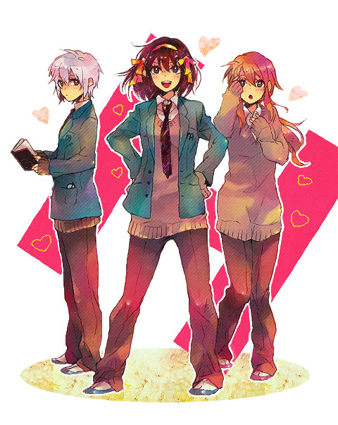 00s, 3girls, :d, adjusting_hair, asahina_mikuru, blazer, blush, book