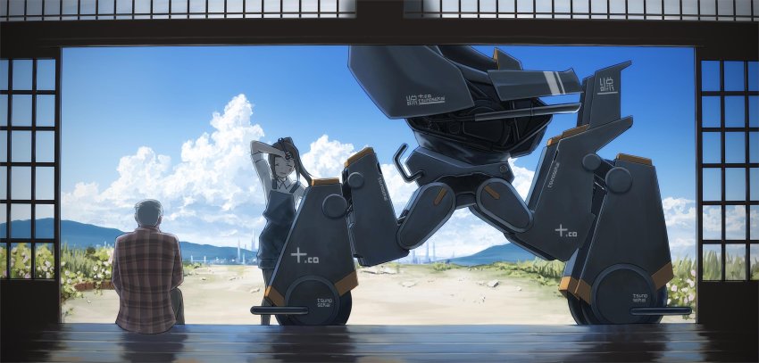 1boy, 1girl, cloud, cumulonimbus_cloud, highres, mecha, mountain, mountainous_horizon