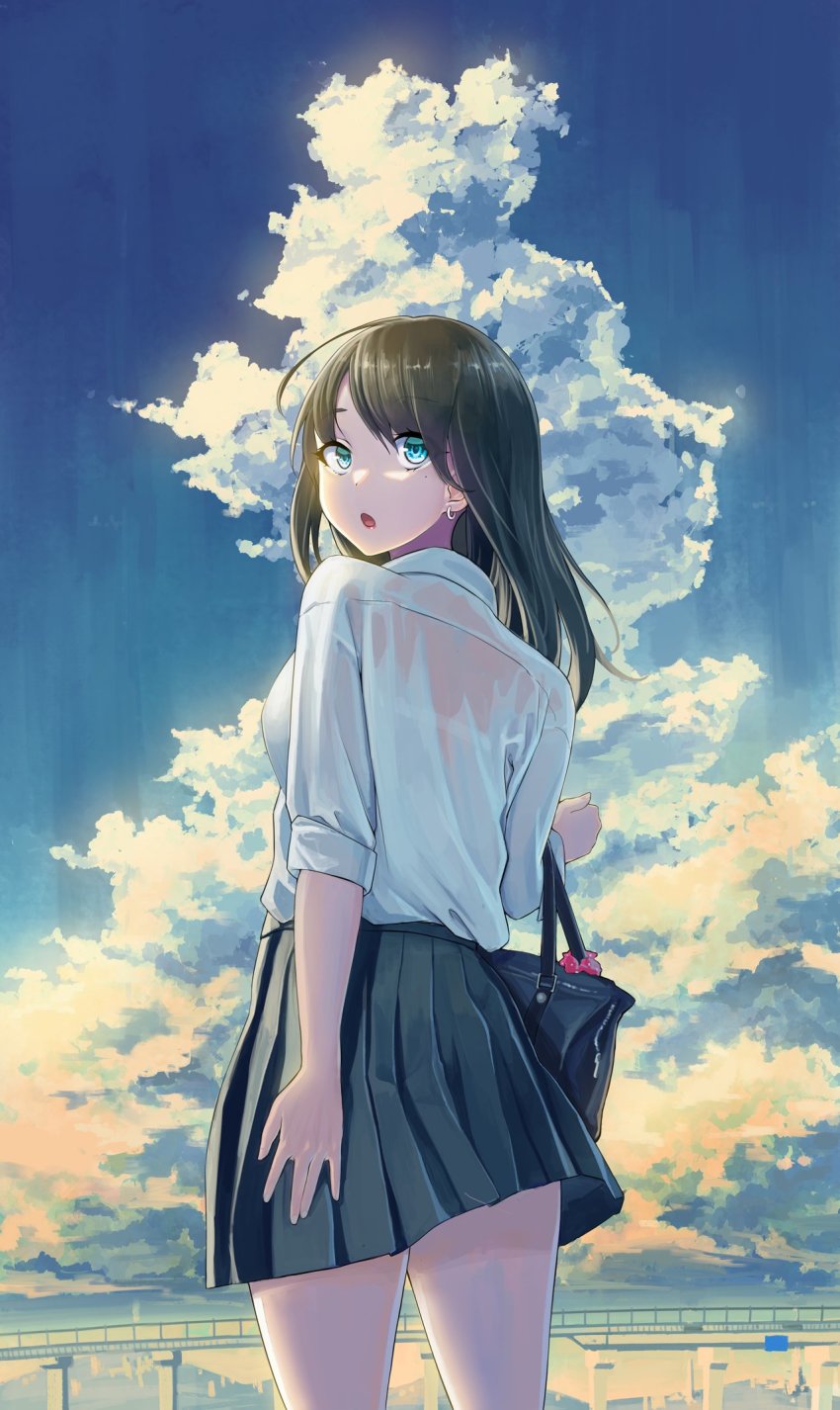 1girl, blouse, bra_visible_through_clothes, bralines, cloud, collared_shirt, cumulonimbus_cloud, evening