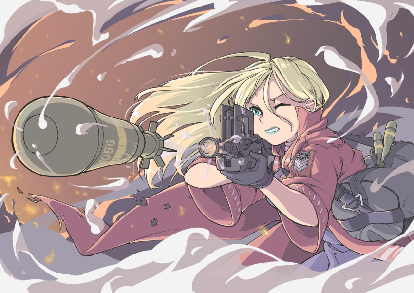 1girl, ammunition, apav_40, assault_rifle, blonde_hair, blue_eyes, blue_lips, bullet_hole, bullpup, clenched_teeth, explosive, eye_chart, famas, famas_(girls'_frontline), girls'_frontline, gloves, grenade, gun, highres, jacket, jarv, lipstick, long_hair, makeup, red_jacket, rifle, rifle_grenade, smoke, solo, sparks, teeth, torn_clothes, weapon, wind