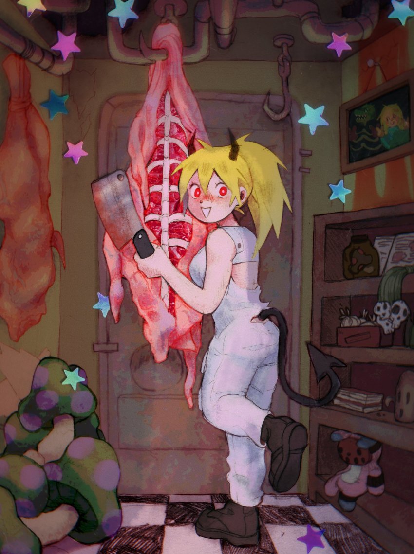 1girl, back_cutout, black_footwear, blonde_hair, blood, bloody_weapon, book, butcher_knife, caiman_(dorohedoro), clothing_cutout, cupboard, dizzychelsy, door, dorohedoro, food, forked_tail, haniwa_(statue), highres, hook, horns, industrial_pipe, jar, meat, mushroom, nikaidou_(dorohedoro), onion, overalls, painting_(action), picture_frame, ponytail, red_eyes, ribs, skull, smile, star_(symbol), sticker, stuffed_animal, stuffed_toy, tail, tile_floor, tiles, unconventional_media, weapon, white_overalls