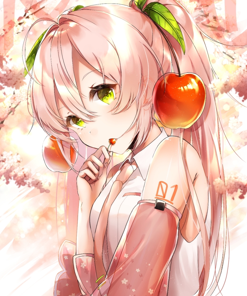 1girl, apple, apple_hair_ornament, bare_shoulders, bob_628, cherry, cherry_blossom_print, cherry_blossoms