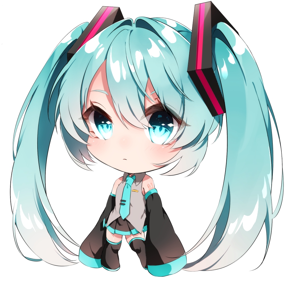 1girl, aqua_eyes, aqua_hair, aqua_necktie, bare_shoulders, black_skirt, black_sleeves, black_thighhighs