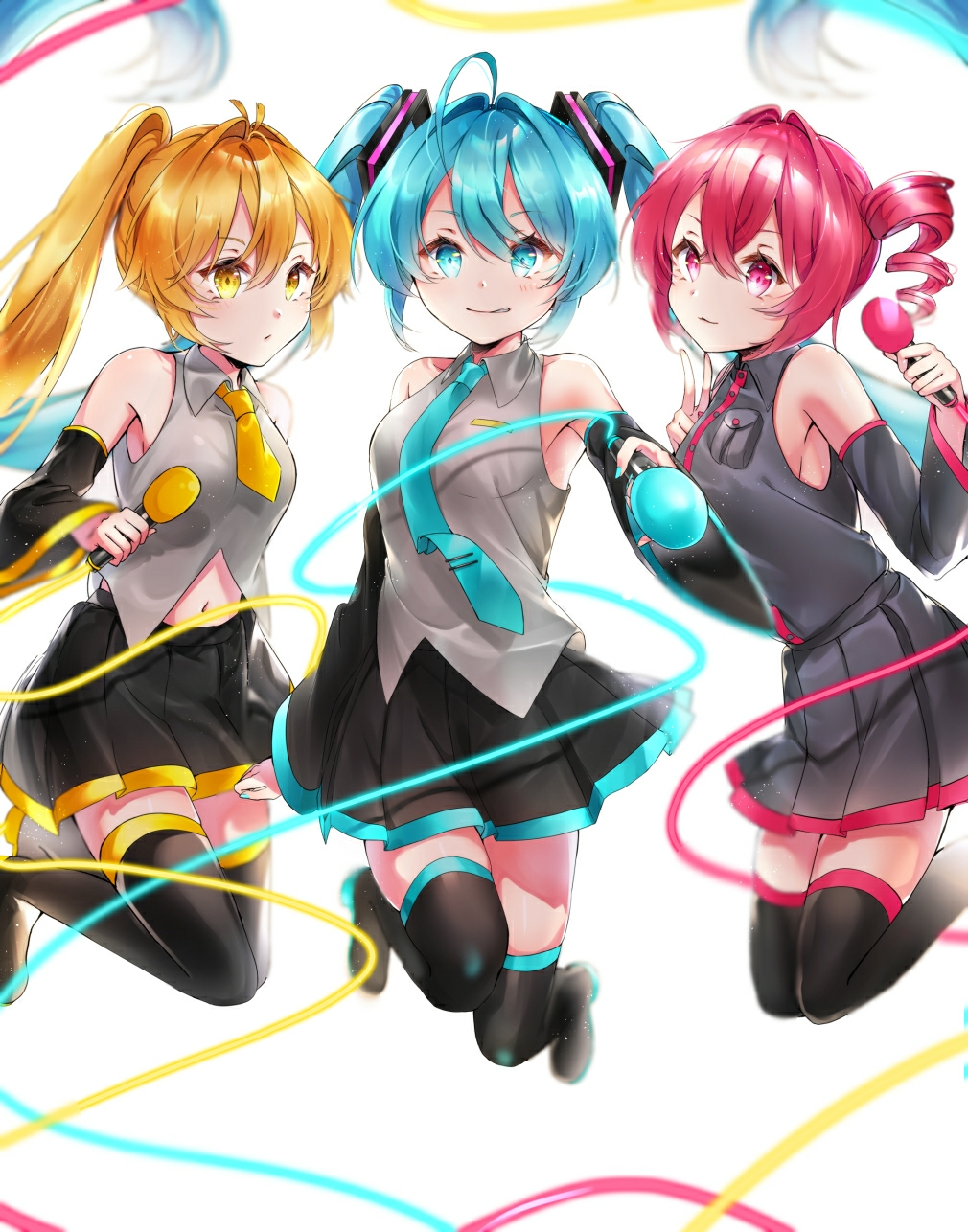 3girls, ahoge, akita_neru, aqua_eyes, aqua_hair, aqua_nails, aqua_necktie, bare_shoulders