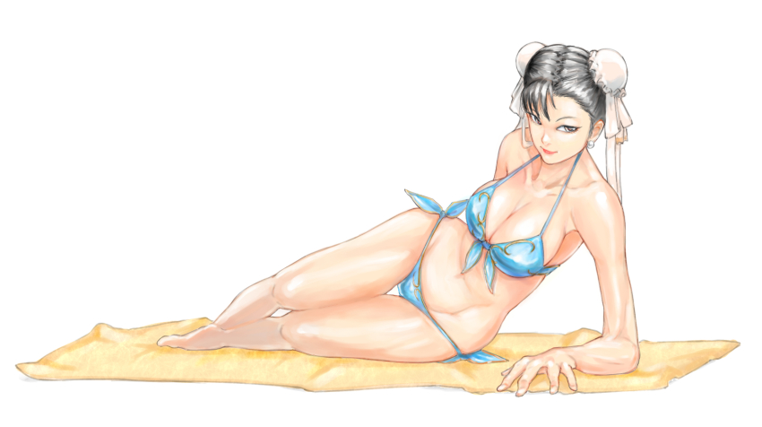 1girl, a_ichiro, bikini, bikini_top_only, black_hair, breasts, brown_eyes, brown_hair