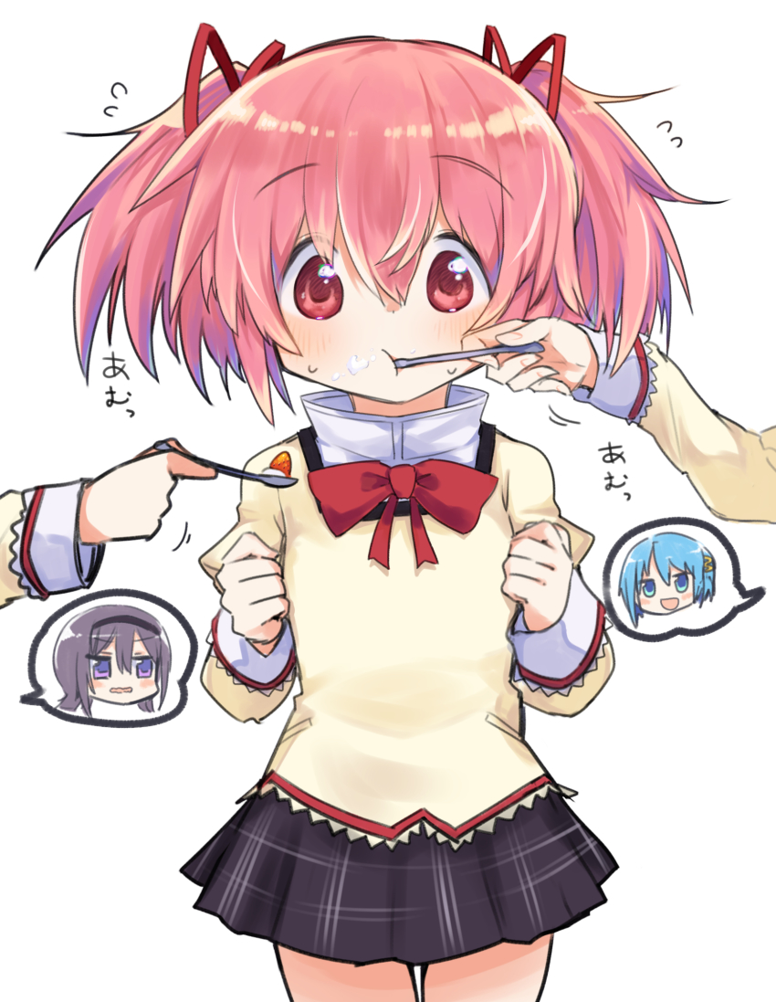 3girls, :d, :t, akemi_homura, annoyed, black_hair, black_hairband, black_skirt