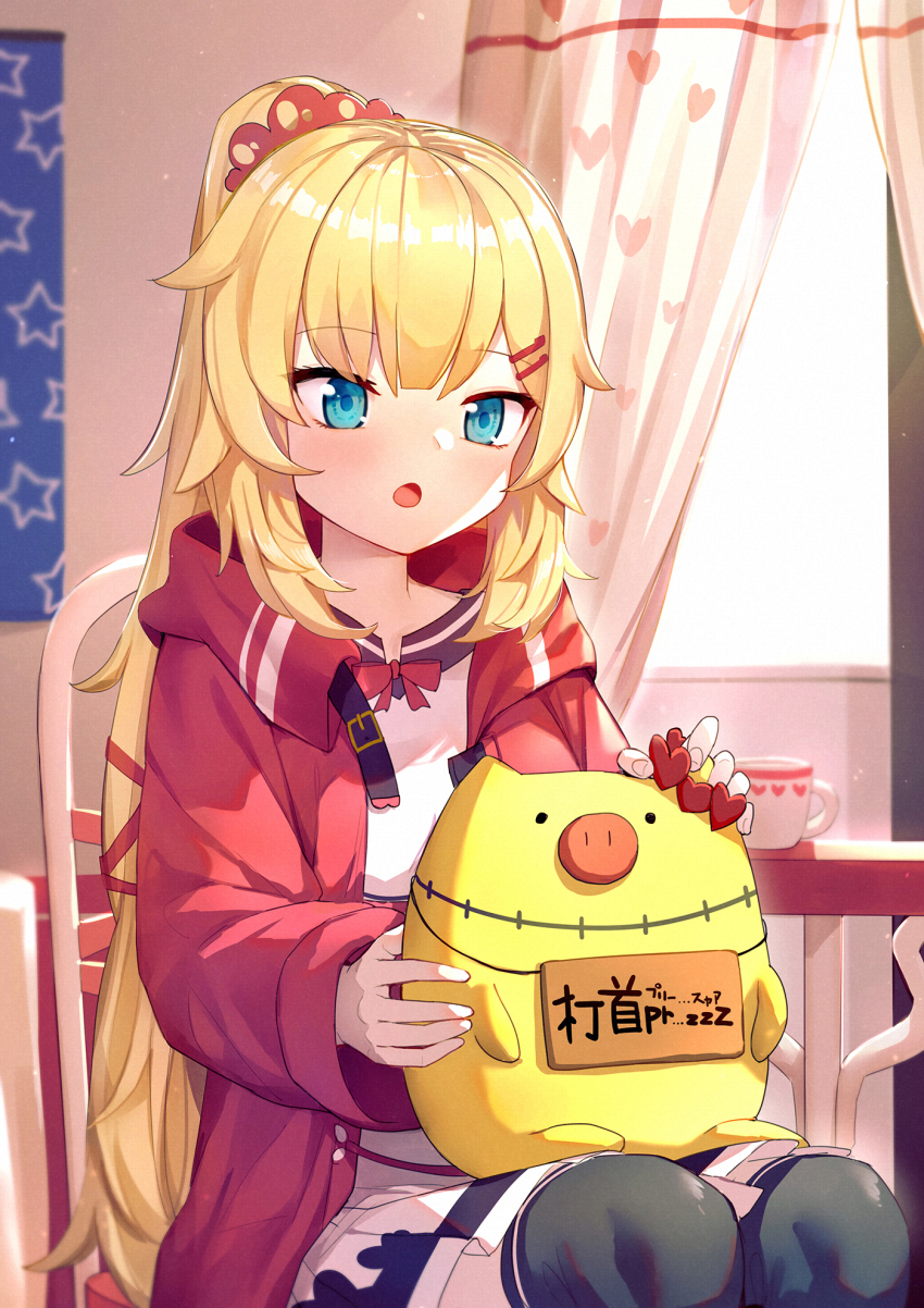 1girl, akai_haato, akai_haato_(loungewear), black_thighhighs, blonde_hair, blue_eyes, blush, haaton_(akai_haato)