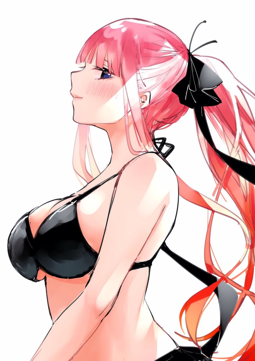1girl, bare_shoulders, bikini, black_bikini, black_ribbon, blush, breasts, butterfly_hair_ornament