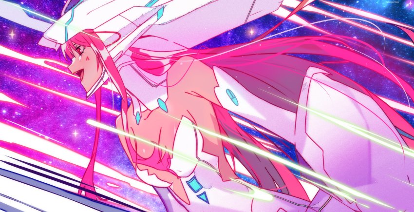 1girl, absurdres, ayumeyatto, bare_shoulders, darling_in_the_franxx, facing_to_the_side, highres, laser, long_hair, mecha_musume, pink_hair, profile, red_eyes, solo, space, star_(sky), strelizia, strelizia_apus, strelizia_true_apus, zero_two_(darling_in_the_franxx)