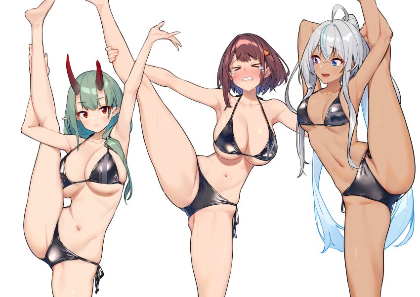 3girls, absurdres, ahoge, akari_(baffu), armpits, baffu, bikini, black_bikini