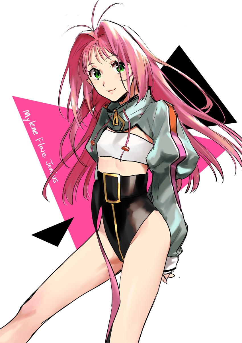 1girl, absurdres, antenna_hair, arms_behind_back, black_leotard, bra, character_name, closed_mouth