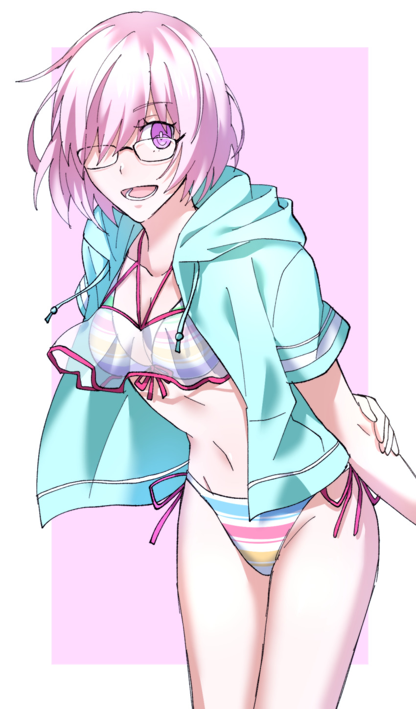 1girl, :d, bikini, blue_jacket, border, breasts, cleavage, collarbone, cowboy_shot, fate/grand_order, fate_(series), front-tie_bikini_top, front-tie_top, glasses, groin, hair_over_one_eye, highres, hood, hood_down, hooded_jacket, jacket, leaning_forward, looking_at_viewer, mash_kyrielight, mash_kyrielight_(swimsuit_of_perpetual_summer_ver.02), navel, nn_mr, official_alternate_costume, open_clothes, open_jacket, open_mouth, outside_border, pink_background, pink_eyes, pink_hair, see-through_clothes, short_hair, side-tie_bikini_bottom, smile, solo, standing, striped_bikini, striped_clothes, swimsuit, white_border
