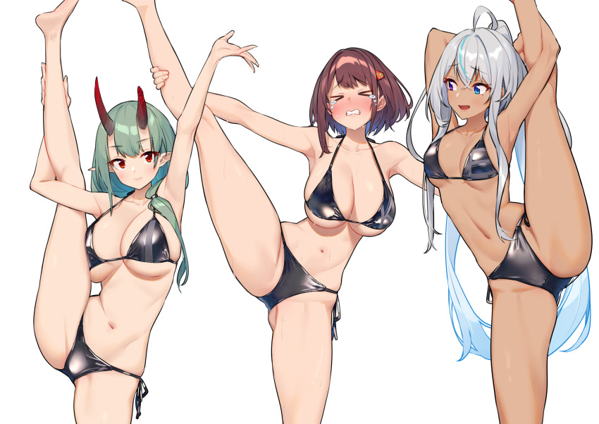 3girls, absurdres, ahoge, akari_(baffu), armpits, arms_up, baffu, bare_legs