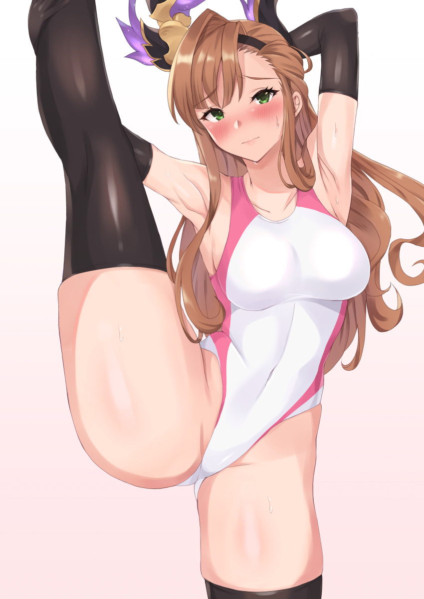 1girl, absurdres, armpits, arms_behind_head, arms_up, blush, breasts, brown_hair