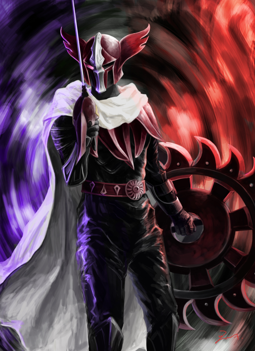 1boy, apollo_geist, cape, dead_pepper, helmet, highres, kamen_rider, kamen_rider_x_(series)