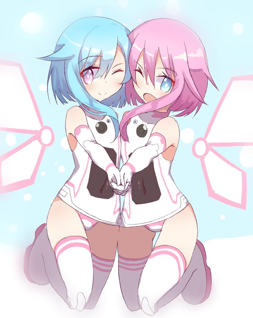 blue_eyes, blue_hair, bodysuit, highres, neptune_(series), pink_eyes, pink_hair, ram_(neptunia), rom_(neptunia), shimeji_wyvern, siblings, white_sister_ram, white_sister_rom